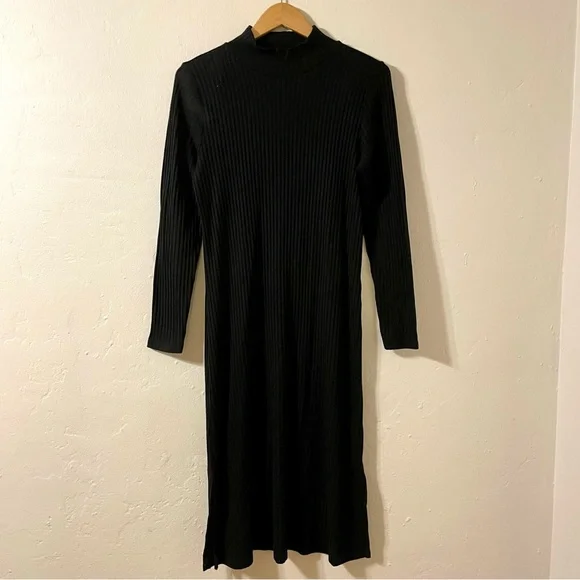 knee length dresses for ladies Ann Taylor LOFT Black Polka Dot Mesh Ruffles Long Sleeve Midi Sweater Dress  Sz M